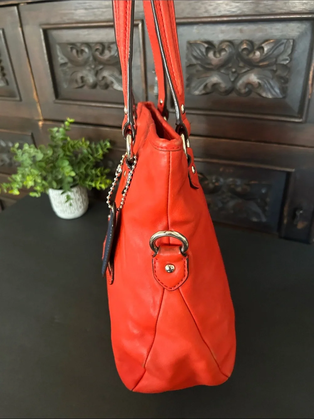 Coach Orange-Red Leather Shoulder Tote with Front Zip Pocket